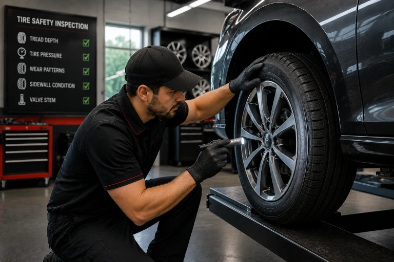 Technician inspecting tire tread depth